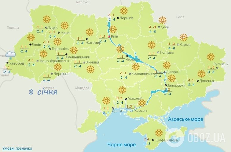 Прогноз погоды на 8 января от Укргидрометцентра.