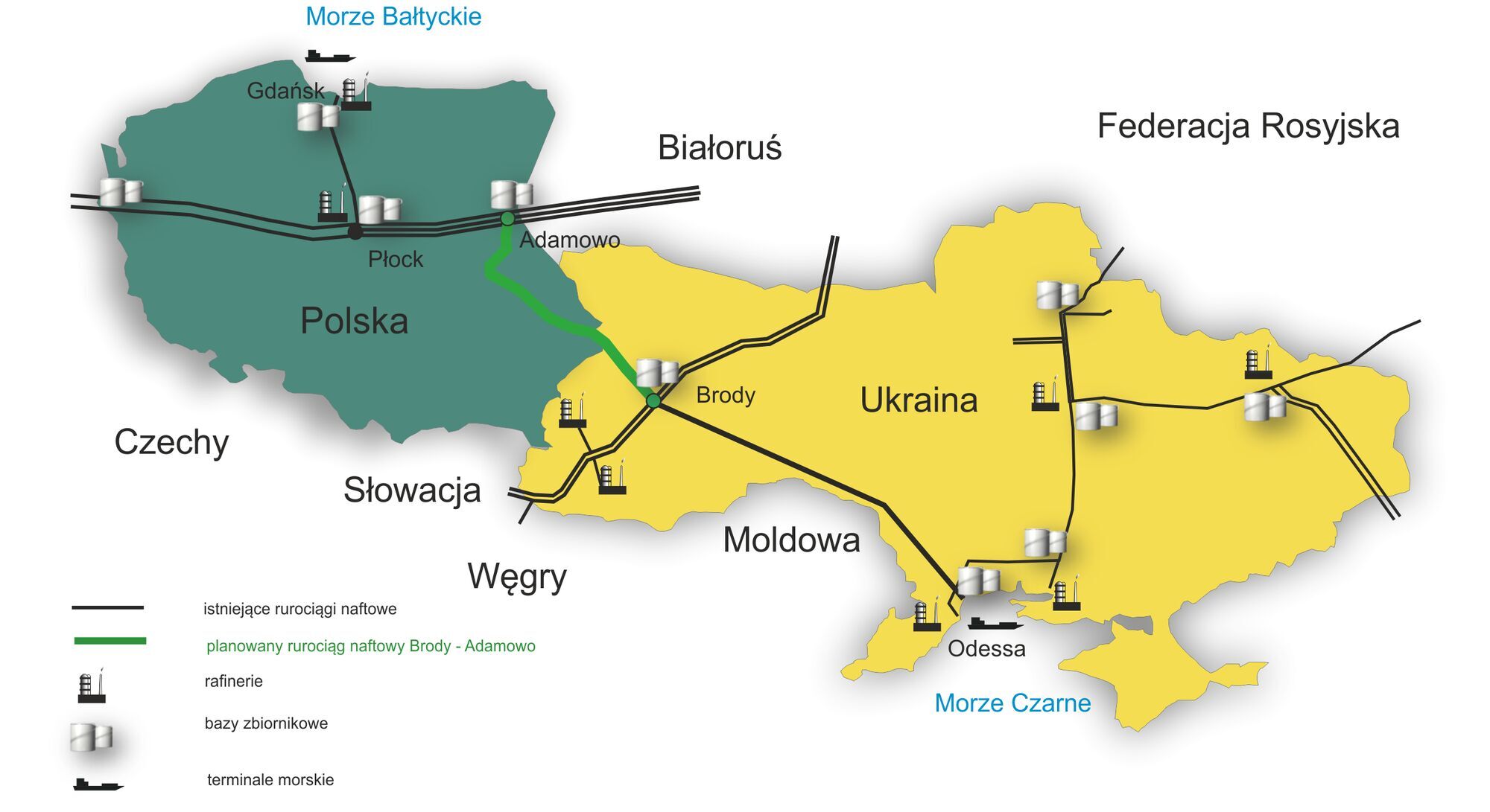 Маршруты нефтепровода "Дружба" на территории Польши и Украины