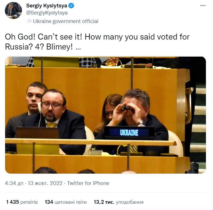 ''О, Боже! Я не можу побачити'': Кислиця з біноклем потролив Росію після голосування в ООН