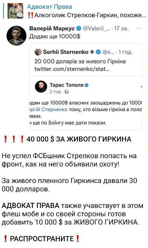 Тополя, Стерненко и Маркус объявили о "премии" за взятого в плен террориста Гиркина: сумма вознаграждения растет