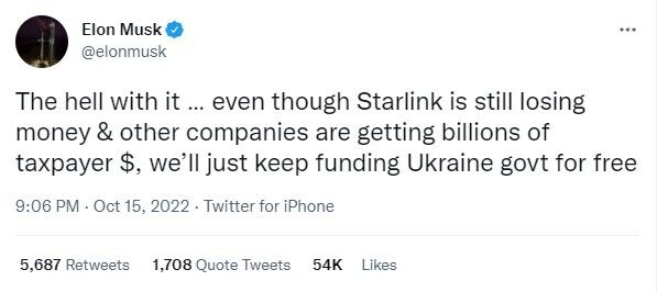 Ілон Маск передумав: Україна і надалі отримуватиме Starlink безкоштовно  