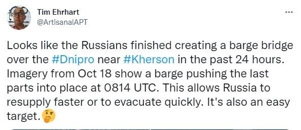 Оккупанты завершили сооружение импровизированной переправы рядом с поврежденным Антоновским мостом. Спутниковые фото