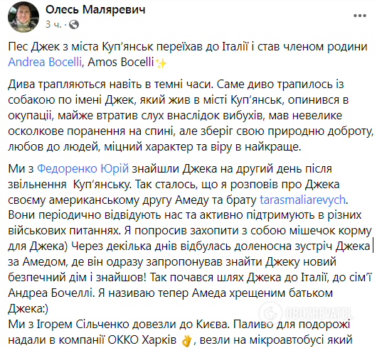 Итальянский певец Андреа Бочелли приютил пса Джека из Купянска, который в результате взрывов потерял слух. Видео