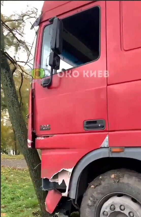 В Киеве грузовик выехал на зеленую зону, сломал несколько деревьев и задел столб. Видео
