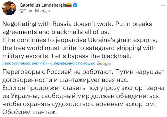 Страны Запада должны организовать военное сопровождение для судов с украинским зерном, – глава МИД Литвы