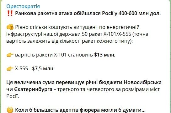 Утренняя ракетная атака обошлась России в 400-600 млн долларов