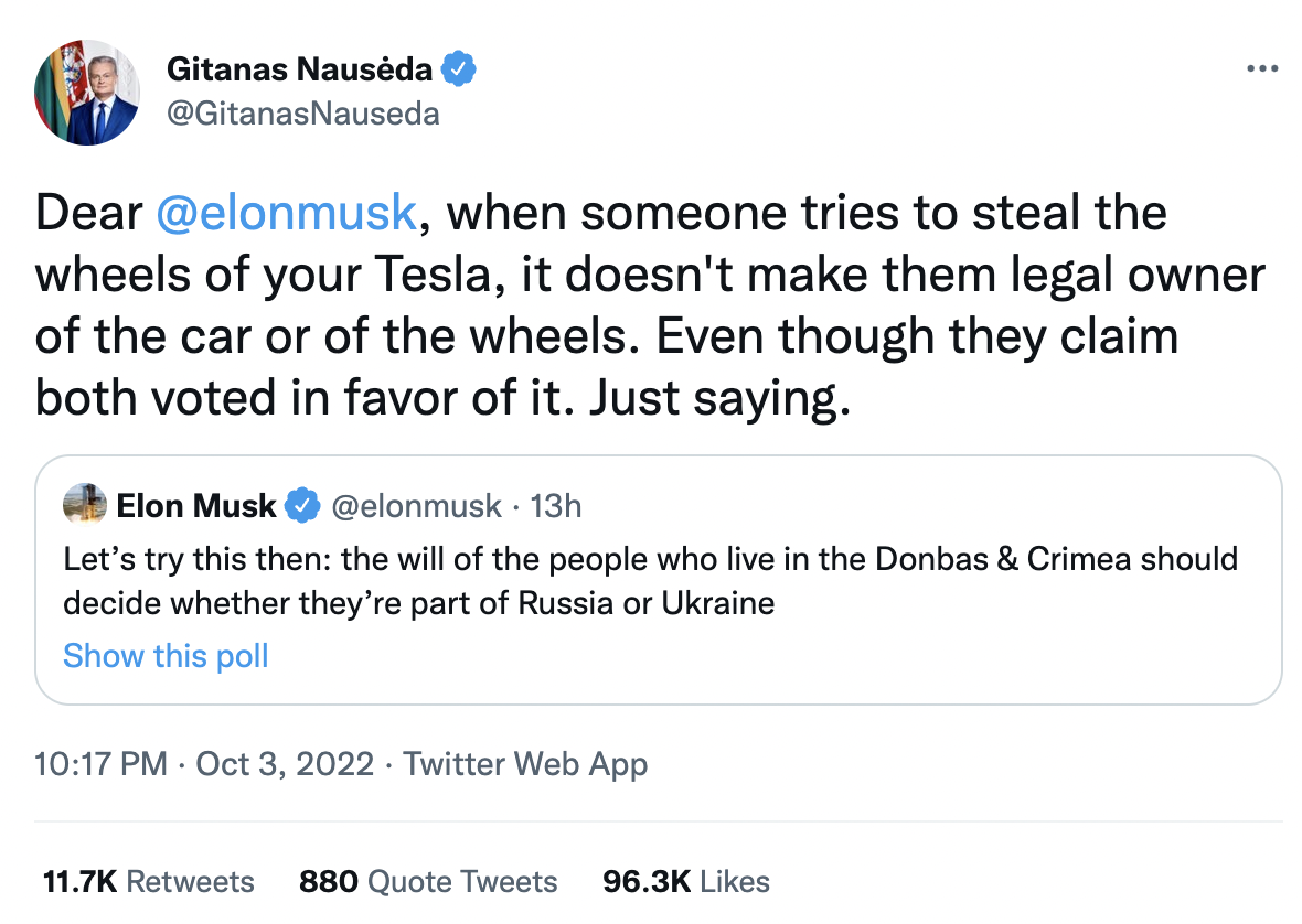 "Когда кто-то ворует колеса Tesla, это не делает его их владельцем": президент Литвы метко ответил Илону Маску