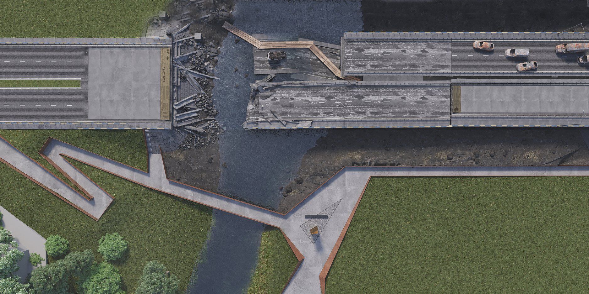 Архитекторы представили концепцию мемориального комплекса вокруг разрушенного моста возле Ирпеня. Фото