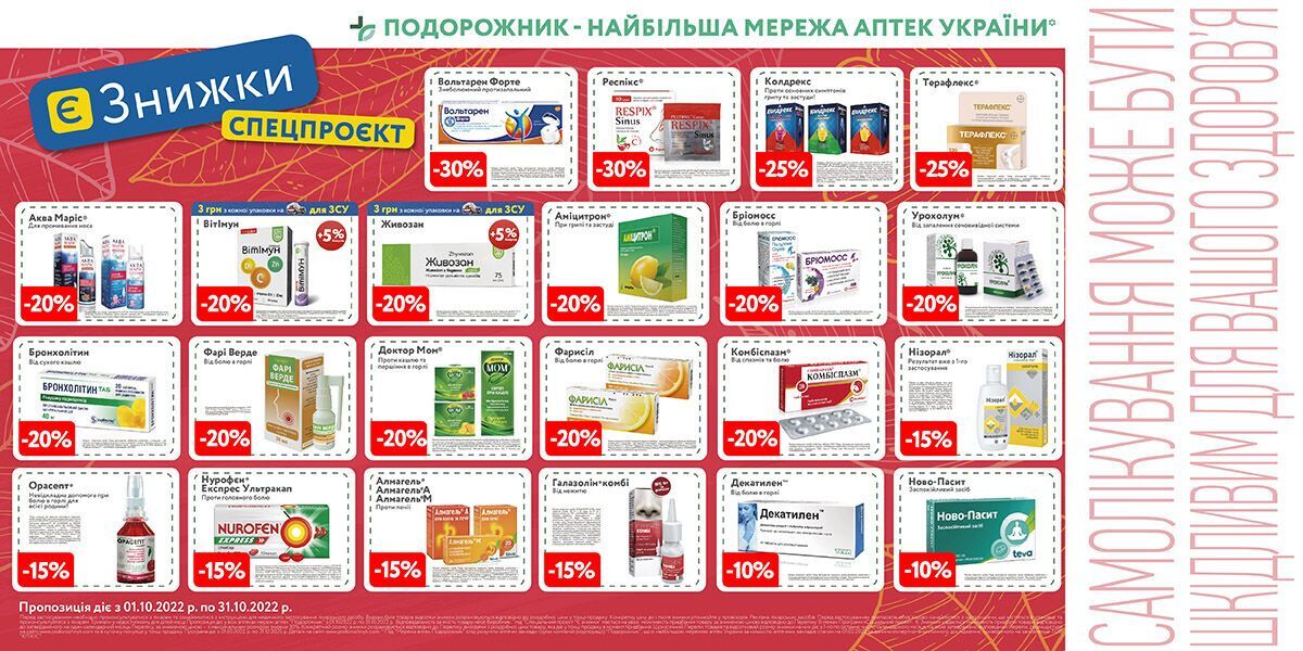 Мережа аптек ''Подорожник'' продовжила знижки на найнеобхідніші препарати на осінній період