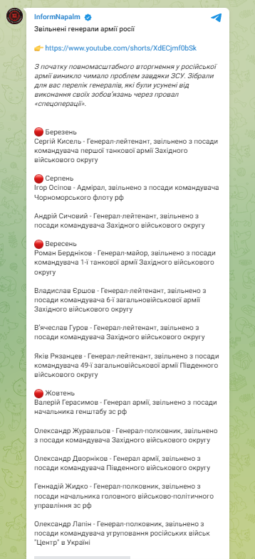 У Росії з початку війни проти України звільнили 12 генералів: названо всі прізвища