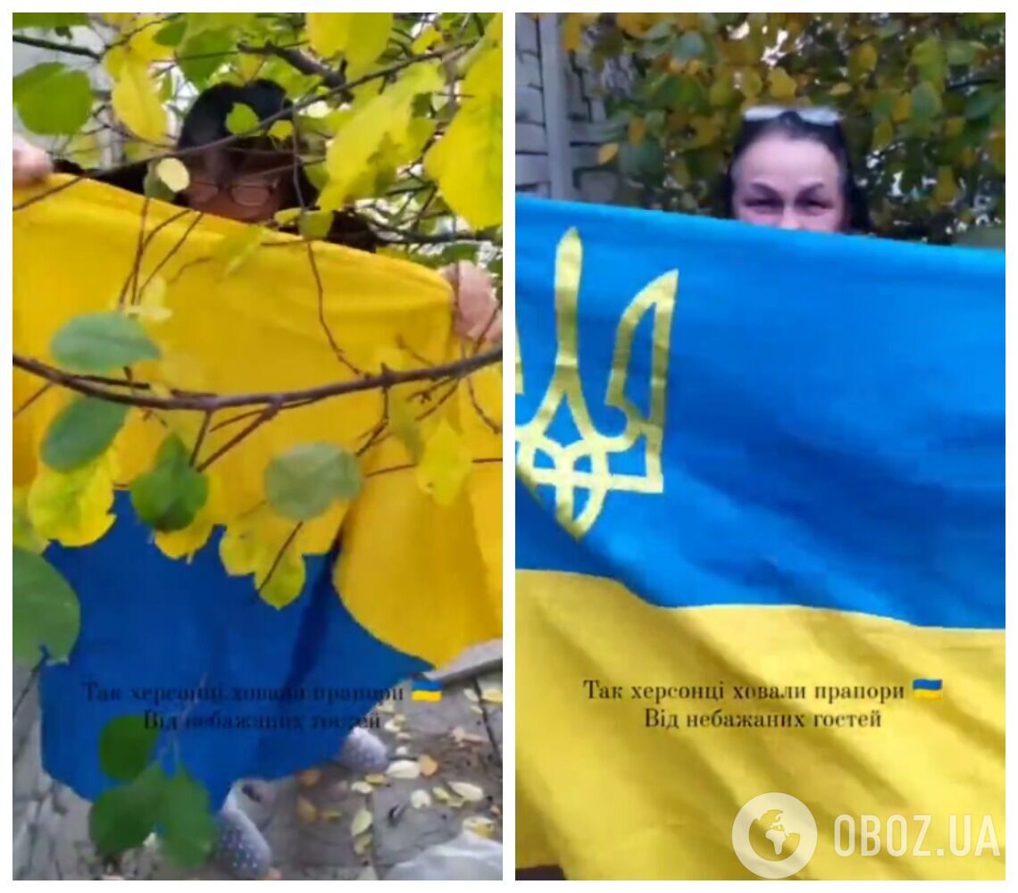 После деоккупации города жительница Херсона достала флаг Украины, который прятала под плиткой