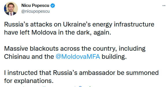 В Молдове вызвали российского посла "на ковер" из-за обесточивания в результате ракетных ударов РФ по Украине
