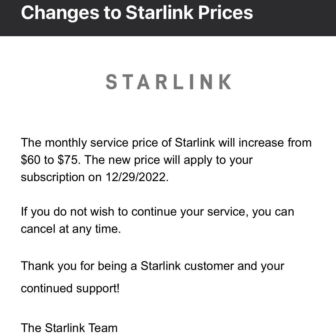 Starlink уведомил о повышении тарифов