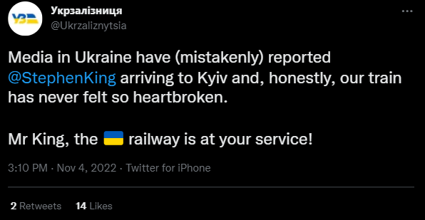 Стівен Кінг не їде до України: Укрзалізниця спростувала фейк