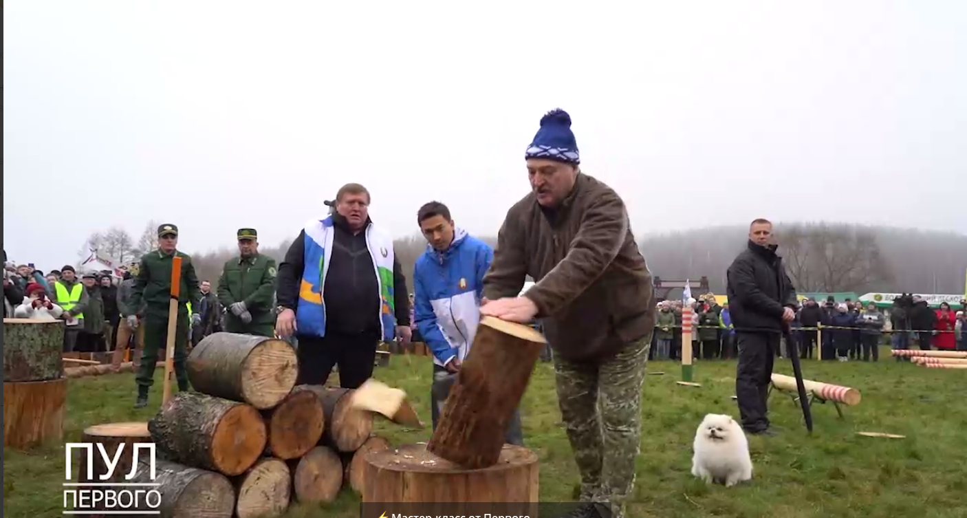 Лукашенко показал мастер-класс по рубке дров на конкурсе для журналистов. Видео