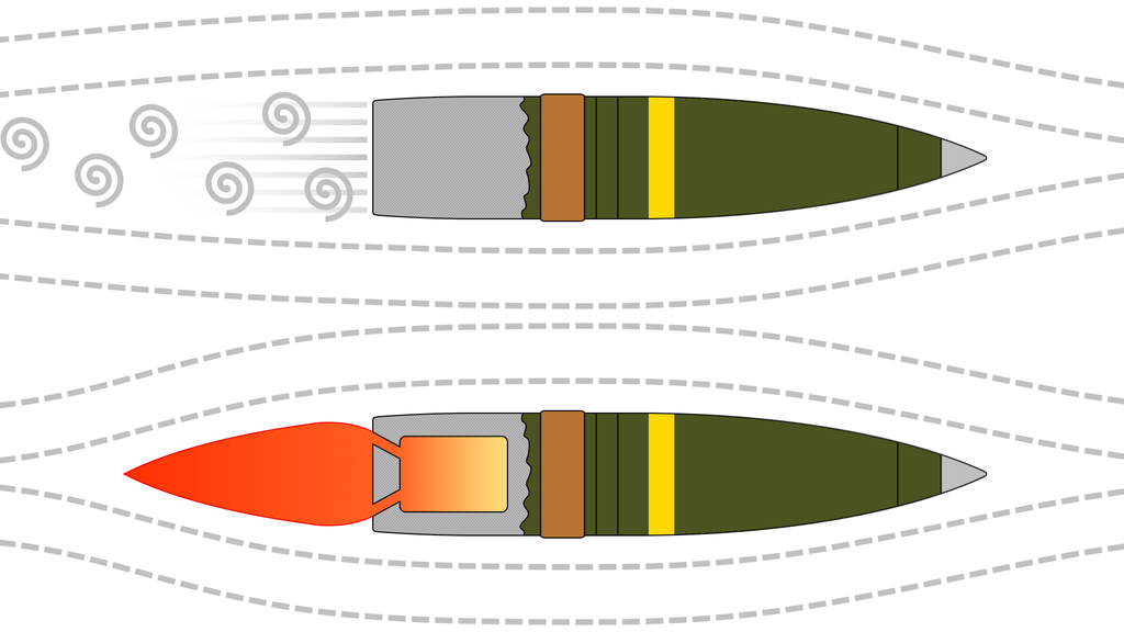 Упрощенная схема обычного артиллерийского снаряда (вверху) и снаряда с донным газогенератором (внизу)