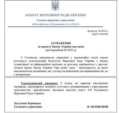 Парламентские юристы раскритиковали законопроект "О медиа" – НСЖУ