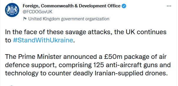 Велика Британія оголосила новий пакет військової допомоги Україні: 125 зенітних гармат і пристрої боротьби з "шахедами"