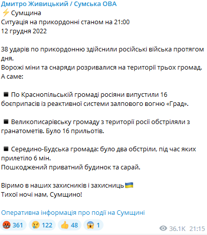 Оккупанты 38 раз в сутки обстреляли Сумщину: били из минометов, гранатометов и РСЗО