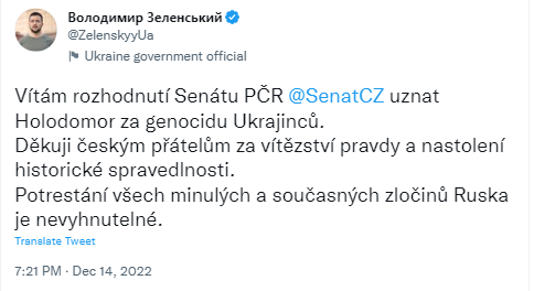 Сенат Чехии признал Голодомор геноцидом украинского народа, — Зеленский