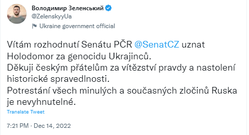 Сенат Чехії визнав Голодомор геноцидом українського народу, – Зеленський