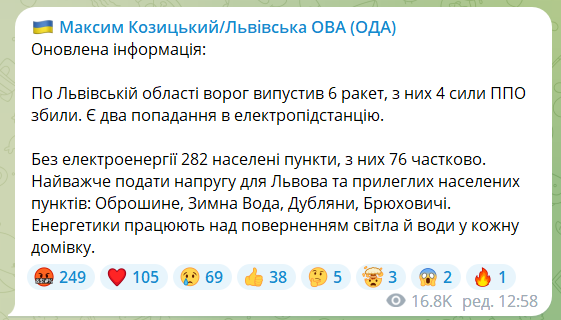 Війська РФ випустили по Львівщині шість ракет, є два прильоти в електропідстанцію: нові деталі ворожої атаки