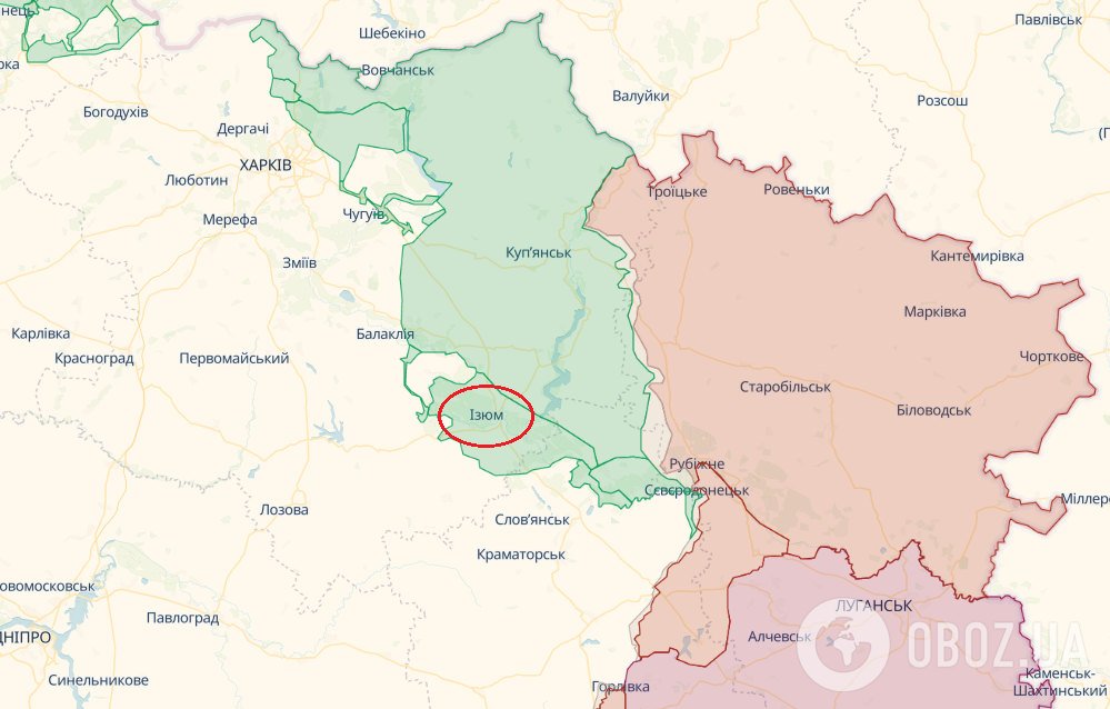 Город Изюм на карте Украины