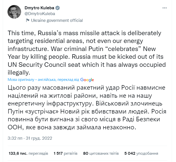 Путін "зустрічає" Новий рік вбивствами людей: Кулеба закликав вигнати Росію з Радбезу ООН 