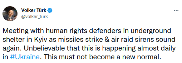 Комиссар ООН по правам человека во время массовой атаки РФ находился с визитом в Киеве: фото с бомбоубежища