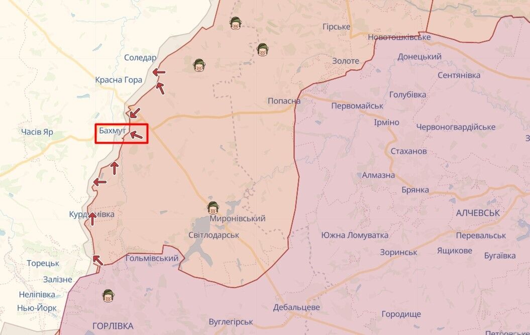 Оккупанты продолжают наступления в районе Бахмута, ВСУ в течение суток отбили атаки врага. Карта