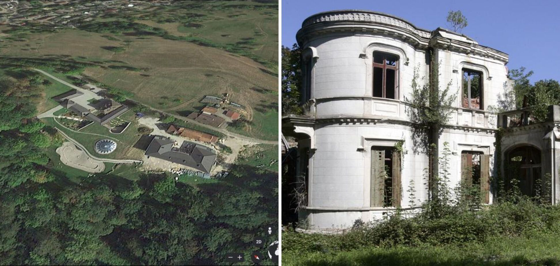Слева – стеклянный купол над 25-метровым бассейном, справа – дом Хрептовича до реконструкции