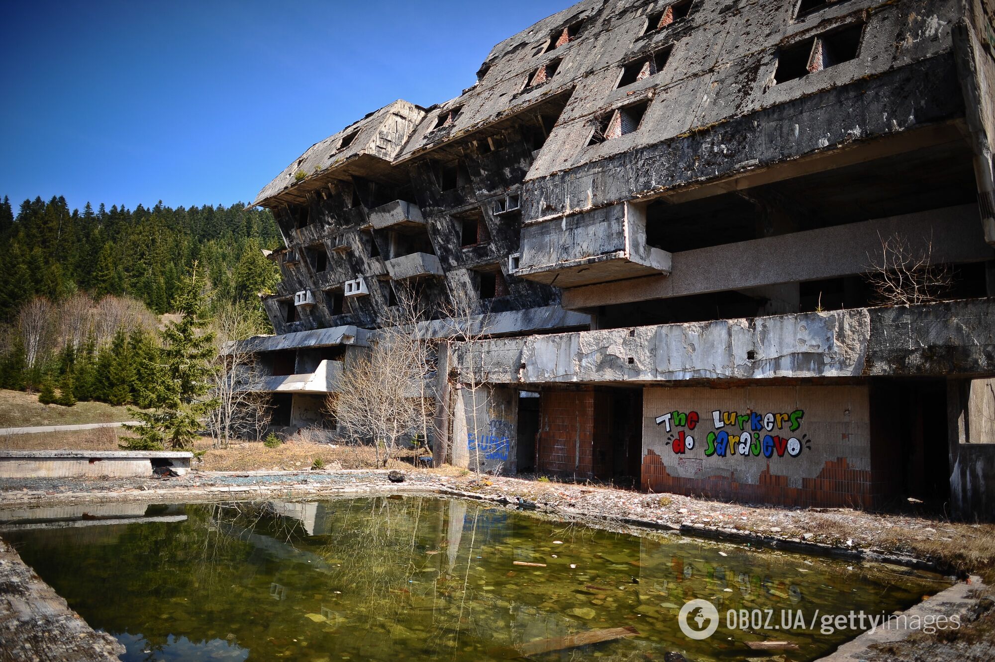 Снаружи здания поросли деревьями и сорняками