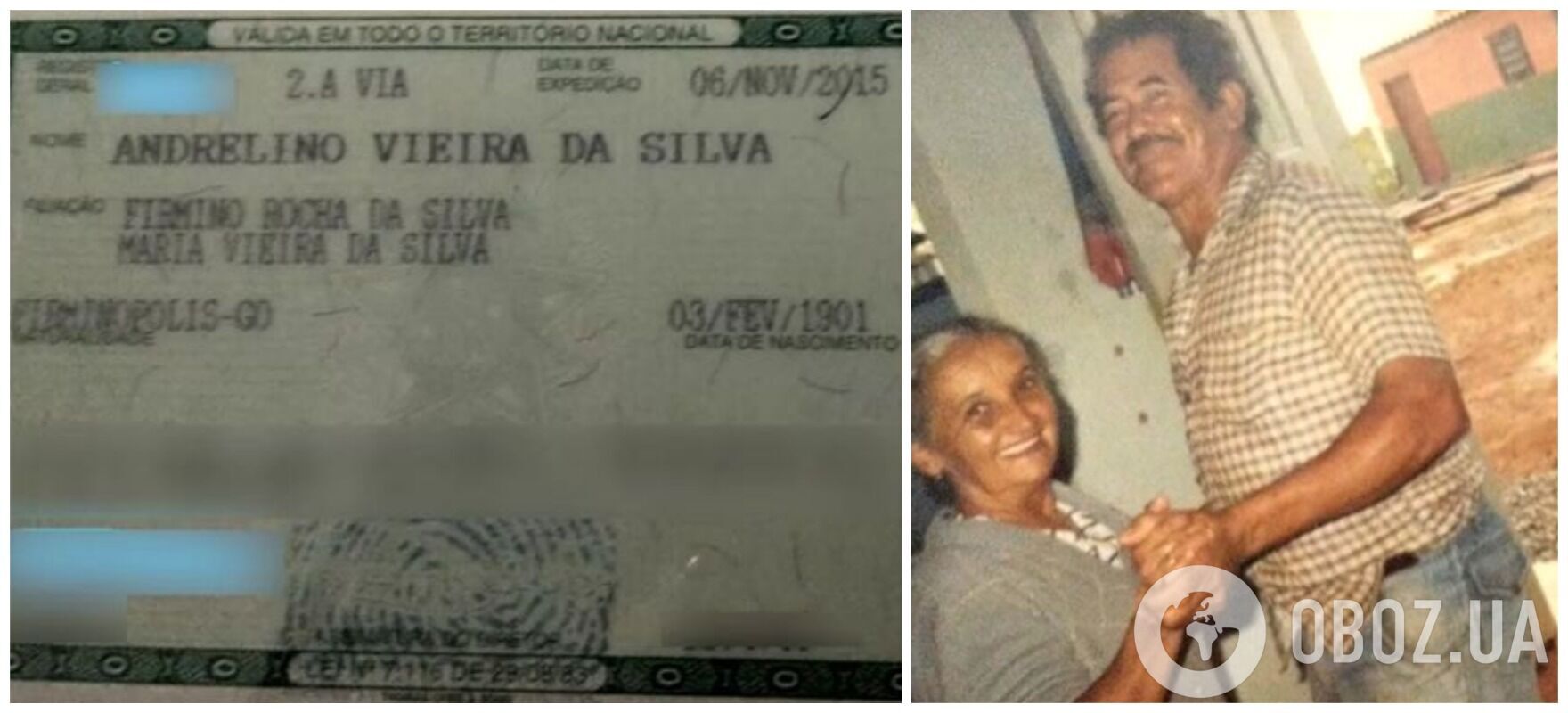 Удостоверение личности и Андрелино Виейра да Силва в молодости вместе с женой