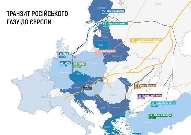 Мережа російських газопроводів на початок 2021 року