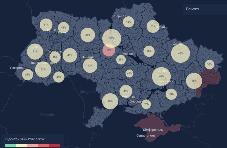 Відсоток зайнятих COVID-ліжок у регіонах України