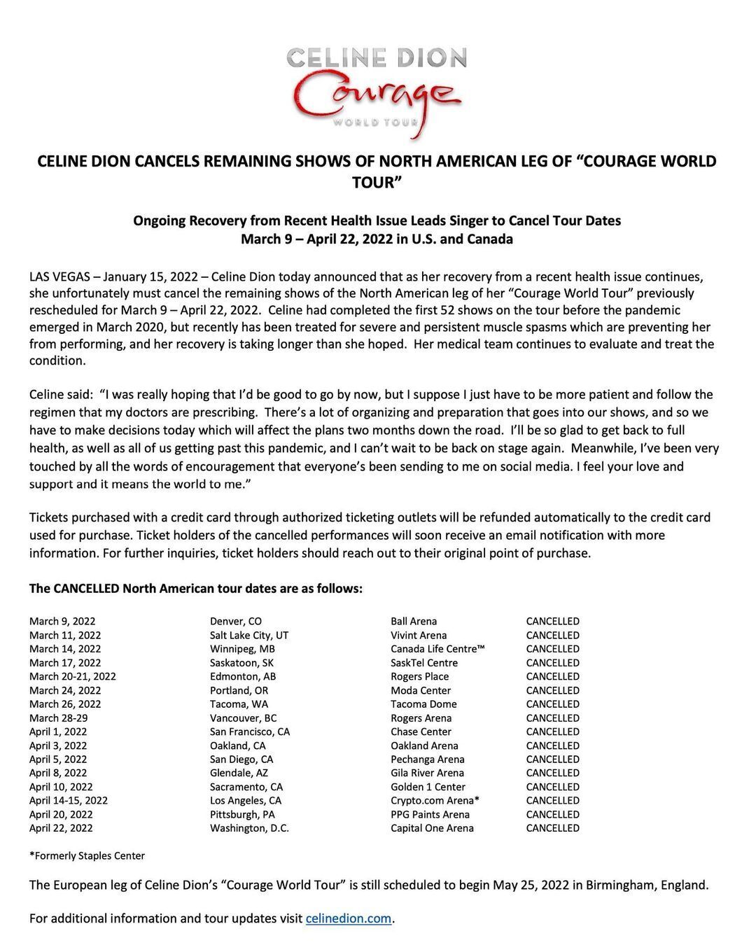 В середине января 2022 года Селин Дион подтвердила, что все еще борется со своей болезнью.