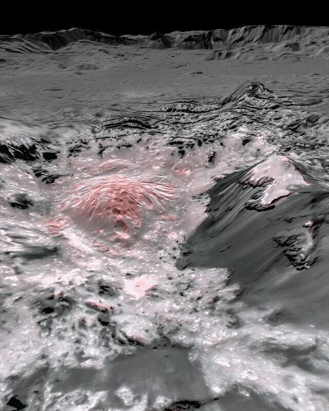 На этом изображении красным цветом обозначен недавно открытый рассол, вытолкнутый из глубокого резервуара под корой Цереры.
