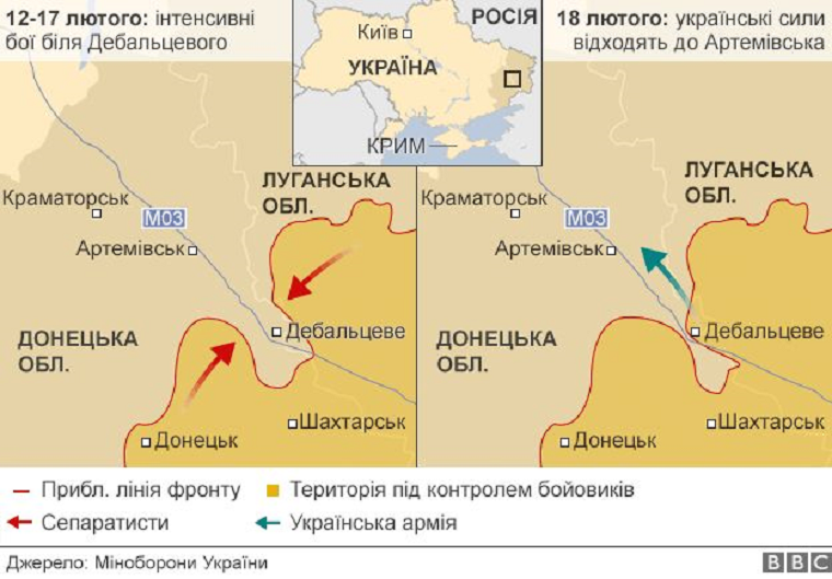 Карта боевых действий в районе Дебальцево