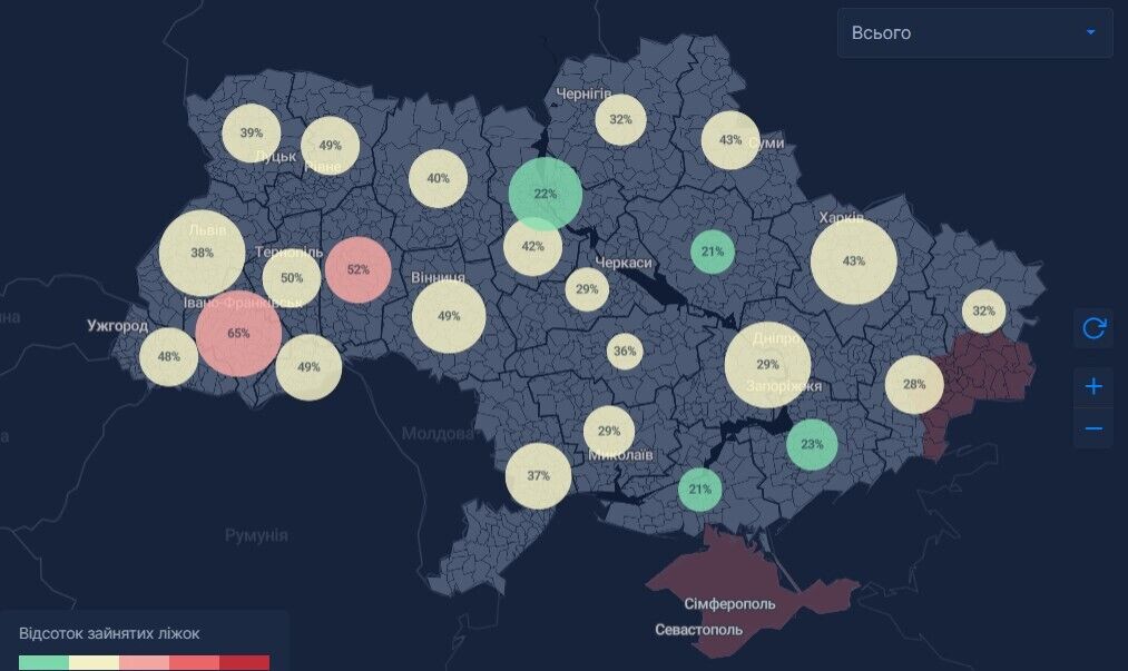 Відсоток зайнятих ліжок пацієнтами з COVID-19 у різних регіонах