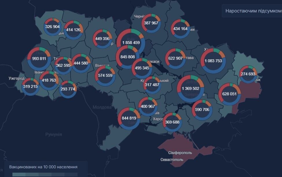 Распределение количества вакцинированных в Украине (вторая доза)