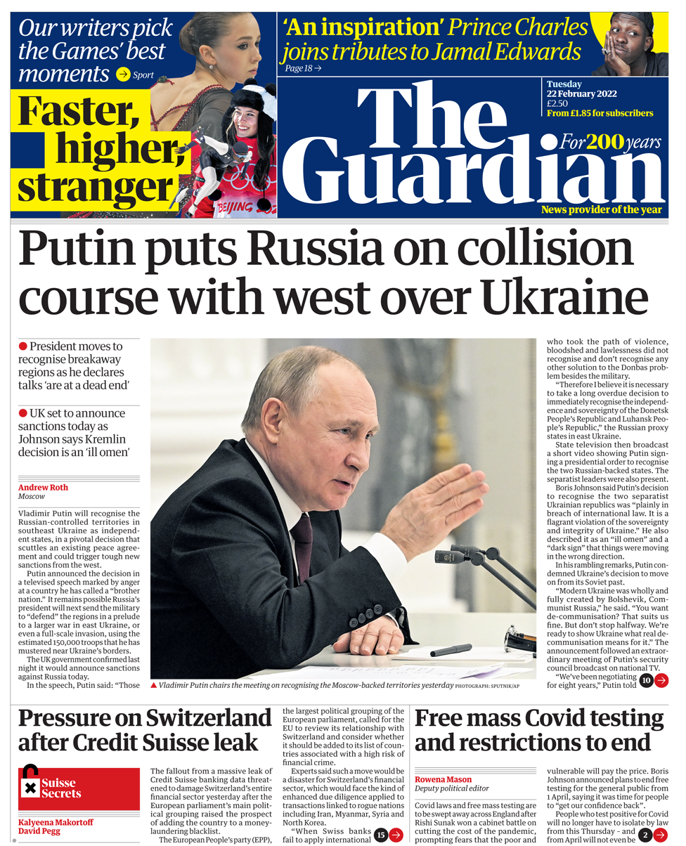 The Guardian посвятил обложку решению Путина о признании "Л/ДНР"