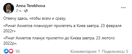 Скриншот сообщения Анны Тереховой в Facebook
