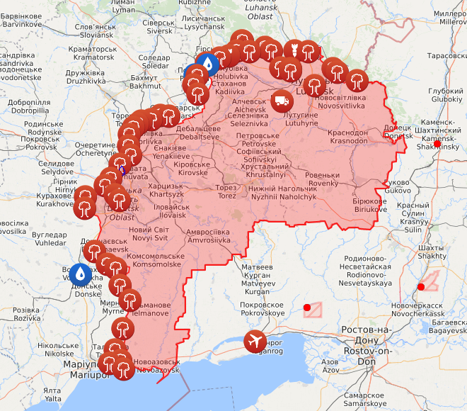 Карта обстрелов на Донбассе.