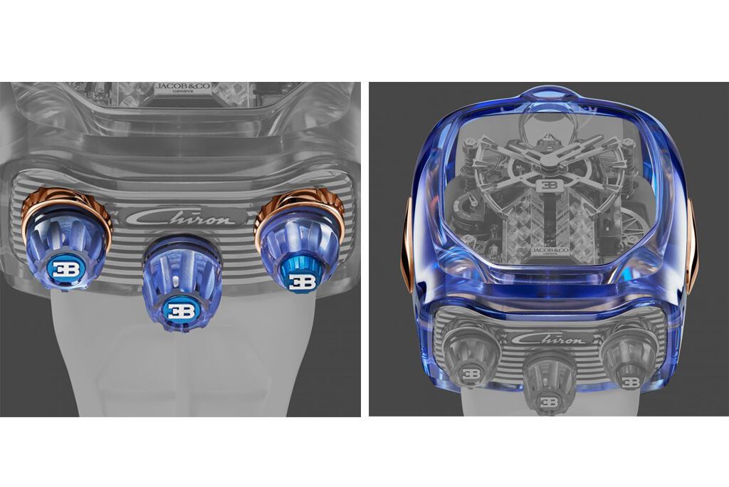 Под синим сапфировым стеклом Bugatti Chiron видны некоторые из 578 украшенных и собранных вручную компонентов