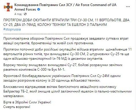 ЗСУ продовжує завдавати суттєвих втрат авіації окупантів