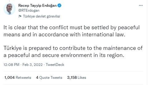 Президент Турции отметил, что внимательно следит за напряженностью в регионе