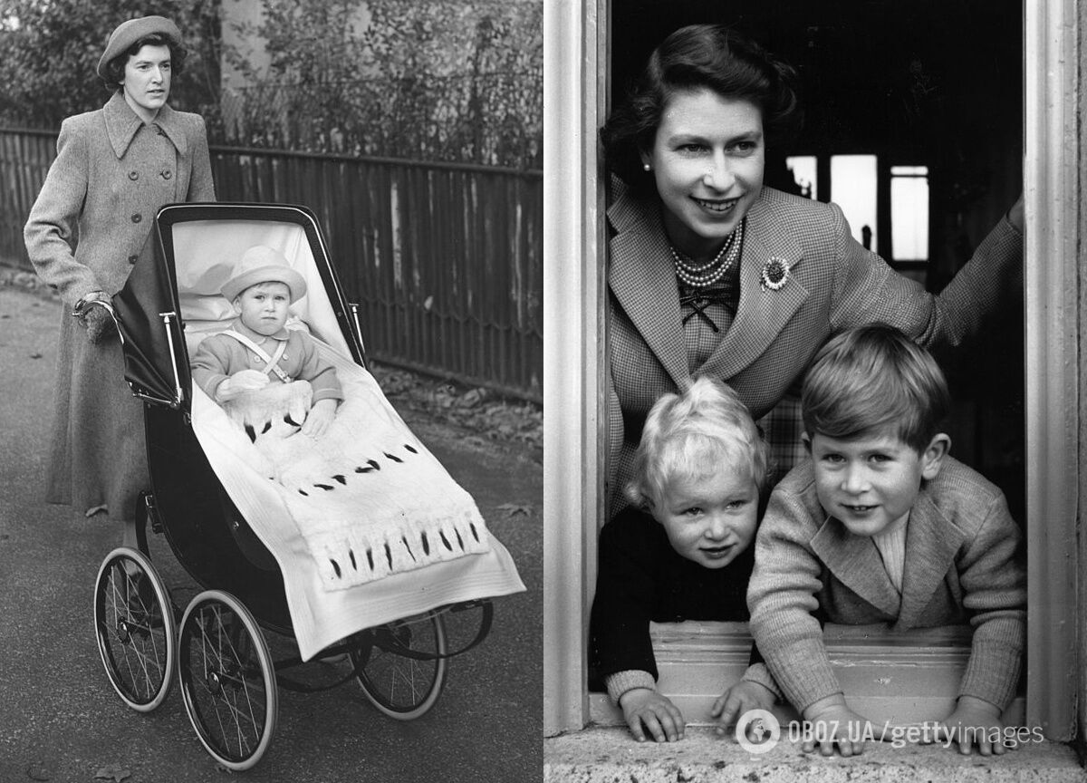 Принц Чарльз із нянею Мейбл Андерсон (1950) та королева Єлизавета II зі своїми дітьми (1952).