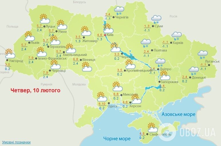 Прогноз погоди на 10 лютого Українського гідрометцентру.