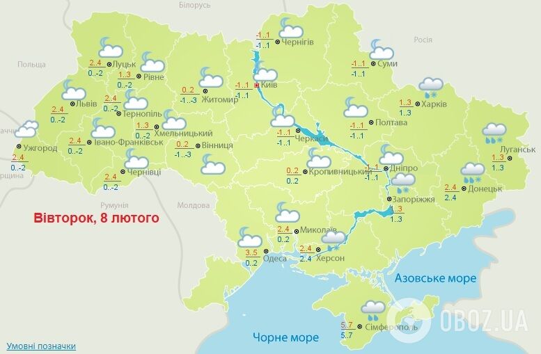 Прогноз погоди на 8 лютого Українського гідрометцентру.