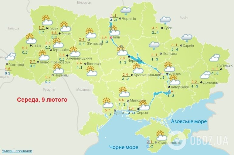 Прогноз погоды на 9 февраля Украинского гидрометцентра.